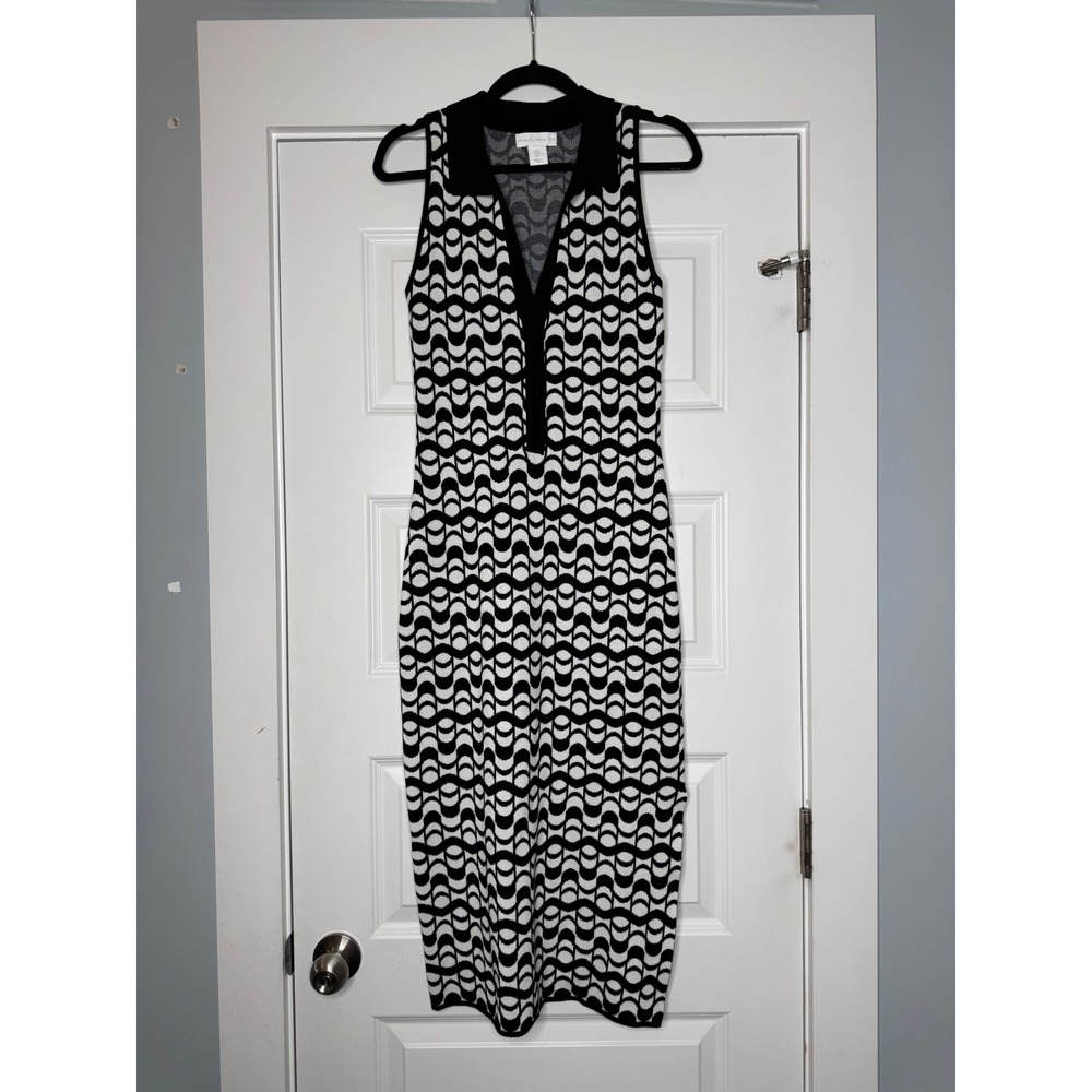 House of Harlow 1960 Black White Geometric Print Collared Knit Midi Dress Small